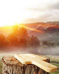 Desk of free space and sunny day landscape 