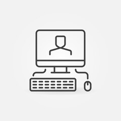 Computer with Man on Screen linear icon. Home Education vector concept outline symbol