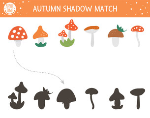 Autumn shadow matching activity for children. Fall season puzzle with cute mushrooms. Simple educational game for kids. Find the correct silhouette printable worksheet. .