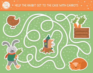 Autumn maze for children. Preschool printable educational activity. Funny fall season puzzle with cute woodland animal. Help the rabbit get to the case with carrots. Forest game for kids. .