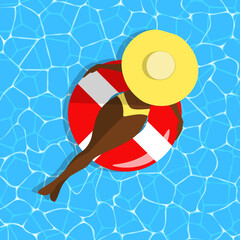 Woman on swimming ring concept. Dark skinned girl in a hat top view on blue water background. Relaxing character at sea, beach, pool. Rubber ring, bikini swimsuit, waves. Vector summer illustration