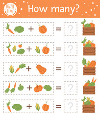 Counting game with vegetables and wooden case. Autumn activity for preschool children. Fall season math worksheet. Educational printable with cute funny harvest elements for kids.
