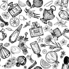 Seamless pattern of hand drawn sketch style bottles of perfume and plants isolated on white background. Vector illustration.