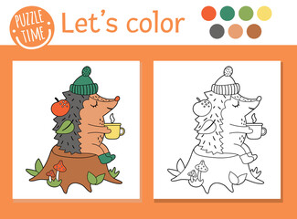 Autumn coloring page for children. Cute funny hedgehog with cup of tea sitting on the tree stump. Vector fall season outline illustration. Forest animal color book for kids with colored example.