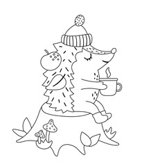 Cute black and white hedgehog sitting on the stump with hot tea near the fire. Vector autumn outline character isolated on white background. Fall season woodland line art animal icon. .