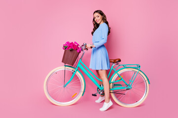 Full length body size profile side view of her she attractive cheerful wavy-haired lady florist riding bike wearing smart casual delivering fresh floristry order isolated pink pastel color background