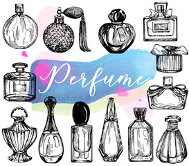 Set of hand drawn sketch style bottles of perfume isolated on white background. Vector illustration.