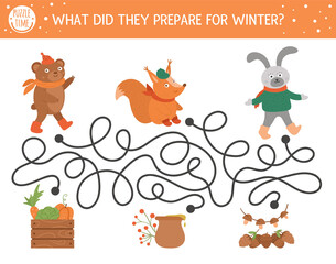 Autumn maze for children. Preschool printable educational activity. Funny fall season puzzle with cute woodland animals and harvest. What did they prepare for winter. Forest game for kids. .