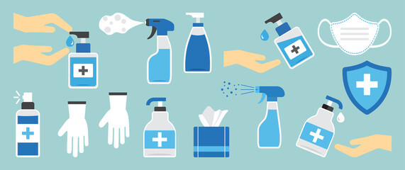 Hygiene hand spray, PPE icons, disinfect, mask, corona virus protection, antiseptic, sanitizer bottles, washing gel, antibacterial soap, gloves, napkins, personal protective equipment. Vector