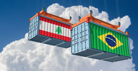 Freight containers with Brazil and Lebanon flag. 3D Rendering 