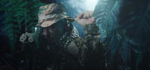 Special Forces Soldier action in dramatic forest