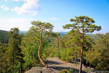 Fototapeta na wymiar View of the plain and pine forests from the Chashkovsky ridge. Ural mountains. Eco-tourism and hiking concept.