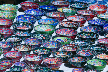 Fototapeta na wymiar Colorful Hand Painted Bowls for display 