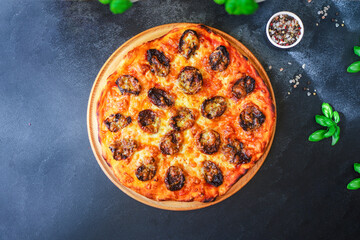 pizza margarita salami sausages cheese classic recipe sauce fast food Takeaway serving size. food background top view copy space 