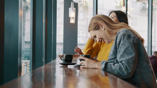 Female friends meeting in a coffee shop. Two women sitting at cafe table having coffee and gossiping on a weekend. 
