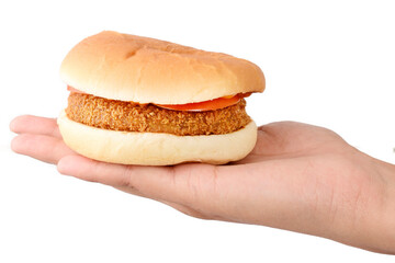 women hand holding burger isolated on white background, close-up, macro.