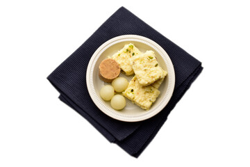 indian sweets barfi, peda and rasgulla isolated on white background