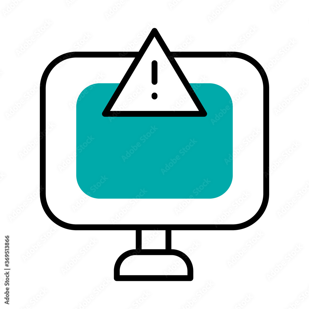 Poster cyber security concept, computer with warning sign icon, half line half color style