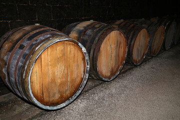 Rows of oak wood wine barrels in winery cellar