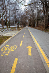 Two-way bicycle lane in the city. Traffic Sign: Bicycle Symbol On A Asphalt Bikeway