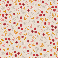 Autumn seamless pattern with berries and leaves on beige background