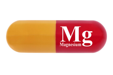 Concept de complément alimentaire avec une gélule de magnésium en gros plan sur fond blanc