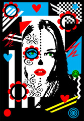 Day of the Dead girl, colorful vector background with stripes, hearts and ornament details