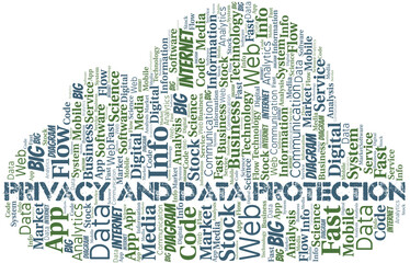 Privacy And Data Protection vector word cloud, made with text only.