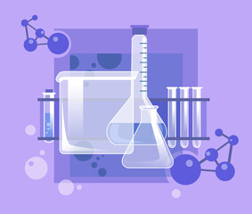 illustration with objects and tools from the laboratory for chemical experiment in a flat style