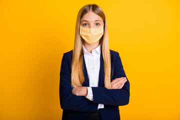Close-up portrait of her she nice attractive long-haired schoolkid wearing safety mask folded arms...