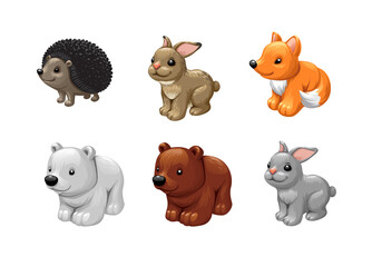 set of cute animals toys. Bear, fox, rabbit, hare, hedgehog