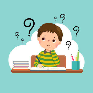 Vector illustration of a cartoon stressed little boy doing hard homework on the desk.