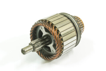 Old field coil starter motor on white background, isolated, Car maintenance service.