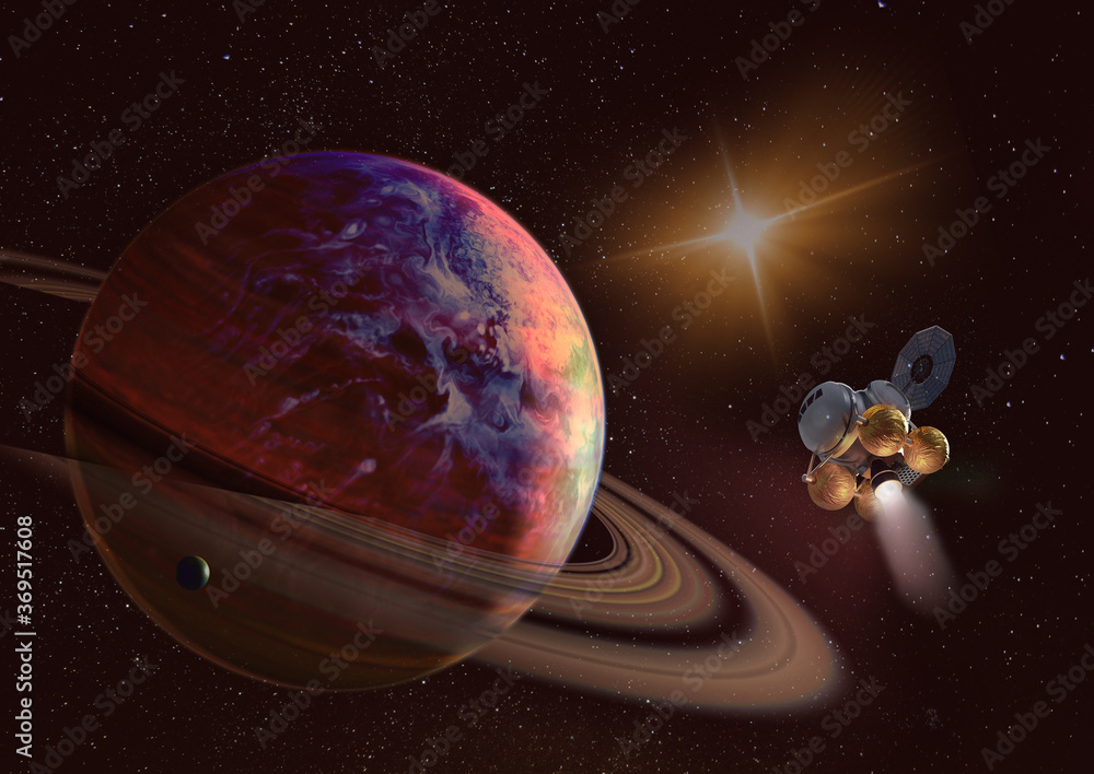Aufkleber spaceship on orbit of the saturn planet. exploration of the space. sci-fi wallaper. elements of this