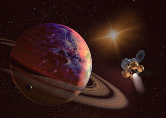 Spaceship on orbit of the Saturn planet. Exploration of the space. Sci-fi wallaper. Elements of...