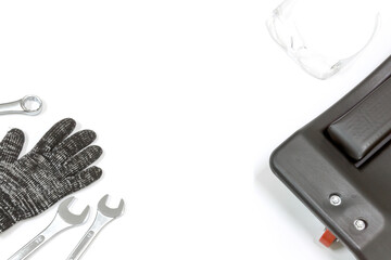 Side ring wrench and car repair board on white background, Car service.