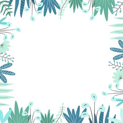 Fototapeta na wymiar Vector illustration of floral frame on white background. Drawn by hand plants elements in doodle style. Postcard decorative design.