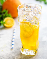 orange juice drink grapefruit tangerine lemonade citrus mandarin mint transparent beverage glass cup takeaway Menu concept serving size food background top view copy space organic tipple