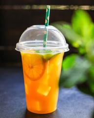 orange juice drink grapefruit tangerine lemonade citrus mandarin mint transparent beverage glass cup takeaway Menu concept serving size food background top view copy space organic tipple