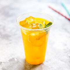 orange juice drink grapefruit tangerine lemonade citrus mandarin mint transparent beverage glass cup takeaway Menu concept serving size food background top view copy space organic tipple
