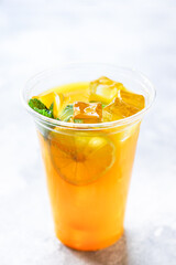 orange juice drink grapefruit tangerine lemonade citrus mandarin mint transparent beverage glass cup takeaway Menu concept serving size food background top view copy space organic tipple