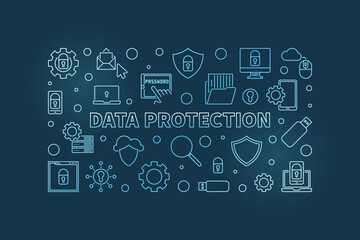 Fototapeta na wymiar Vector Data Protection concept blue line horizontal illustration or banner on dark background