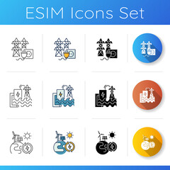 Alternative energy icons set. Linear, black and RGB color styles. Electric power plant, hydroelectric station and eco friendly technologies. Renewable energy. Isolated vector illustrations