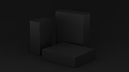 Blank cardboard black package boxes mockup. Medicament realistic square cosmetic, medical or product box packaging , layout of boxes different positions for design or branding, 3d render