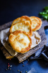 wrap flat bread tortillas from flour and water fried dough homemade cooking Takeaway handmade langos food background top view copy space