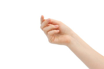 Fototapeta premium Female hand with natural manicure pointing up, without nail polish. Isolated on white background.