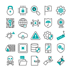 warning sign and cyber security icon set, half line half color style