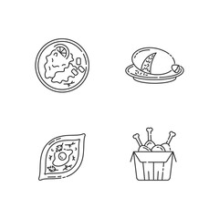 Fast food pixel perfect linear icons set. Scottish haggis. Wiener schnitzel. Georgian khachapuri. Customizable thin line contour symbols. Isolated vector outline illustrations. Editable stroke