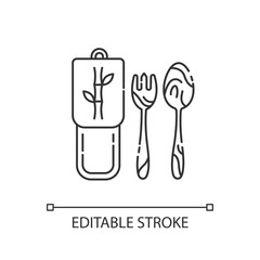 Bamboo cutlery linear icon. Eco friendly lifestyle, zero waste policy thin line customizable illustration. Contour symbol. Wooden fork and spoon vector isolated outline drawing. Editable stroke