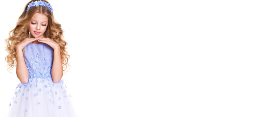 Banner. Portrait of little girl with diadem and blue dress, curly hair. Princess. Isolated